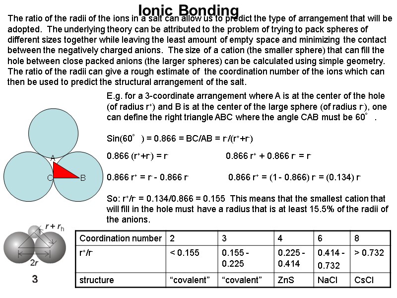 Ionic Bonding The ratio of the radii of the ions in a salt can